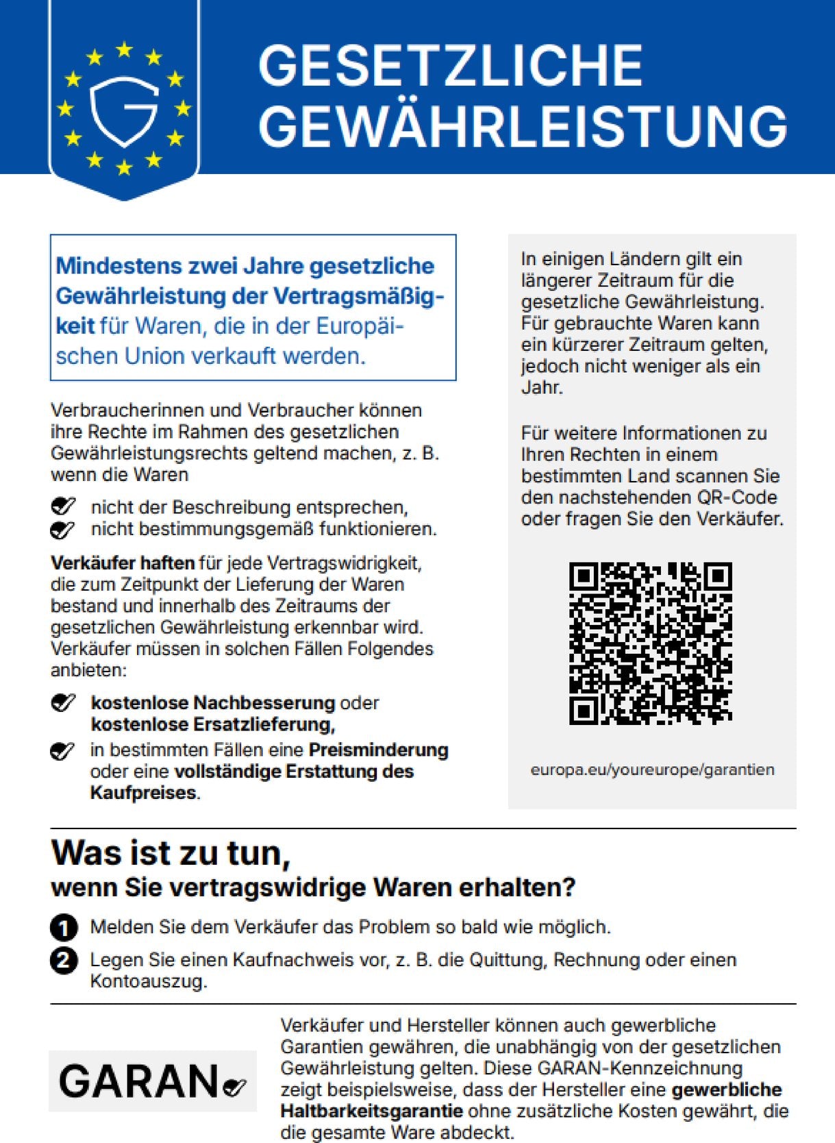 Hinweis auf Ihre gesetzlichen Gewährleistungsrechte